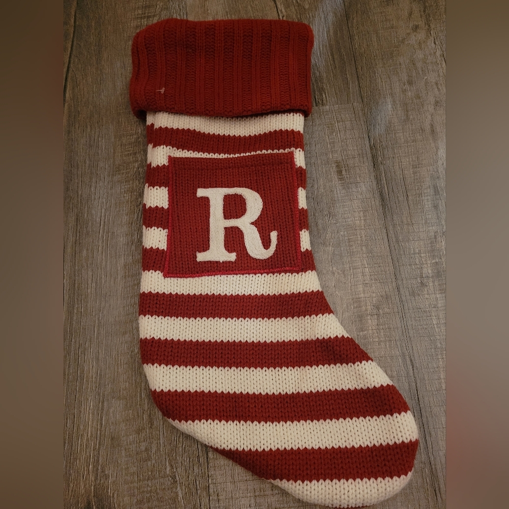 Monogram 'R' Red and White Knit Stocking NWT